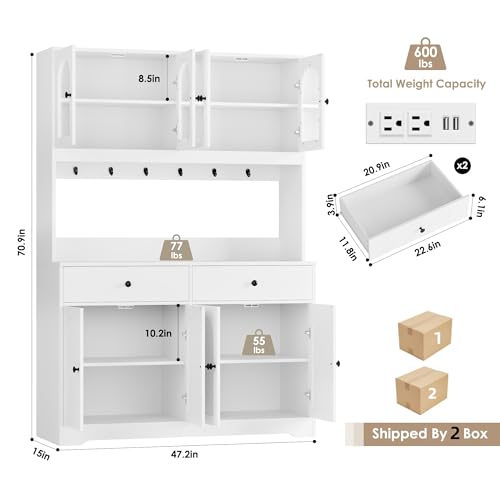 HIFIT 71" LED Kitchen Pantry Cabinet with Power Outlet, Large Kitchen Hutch Storage Cabinet with Arched Door & Shelves & 2 Drawers, Tall Modern Coffee Bar with Hutch for Home Dining Living Room, White - color: White