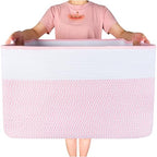 MINTWOOD Design 22in Extra Large Blanket Basket Holder Living Room, Rectangle Rope Woven Storage Basket with Handles for Laundry, Pool Towels, and Shoes, Dog Toy Organizer Bin Box, Light Pink - color: Light Pink