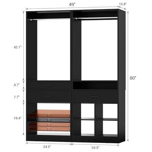 Unikito 50" W x 80" H Closet Organizer Storage System with 2 Hanging Rod and 2 Wooden Drawers, Adjustable Shoes Rack, 4 Cubby Storage, Walk-in Closet Tower for Bedroom, Mudroom, Entryway, Black - color: Black, size: 50 Inch