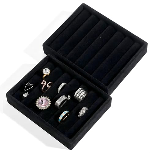2 PCS Small Jewelry Tray Ring Organizer, Velvet Stackable Ring Organizer Mini Jewelry Drawer Organizer Tray 6 Slots Ring Stud Earrings Display Case for Women(Black) - color: Black