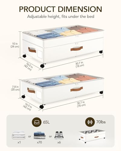 Under Bed Storage with Wheels, 10 inches Under Bed Storage Containers, 65L XXL Large Adjustable Underbed with Lids, Rolling Underbed Storage bins for Shoes, Clothes, Blankets, White - color: White
