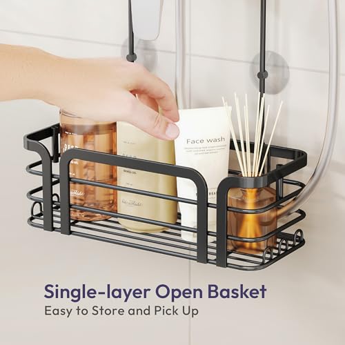SWTYMIKI Shower Caddy Hanging Organizer - Over the Door Shower Caddy with 6 Hooks, 2 Installation Ways, Stainless Steel Rustproof Bathroom Organizer, Black - color: Black-1 tier