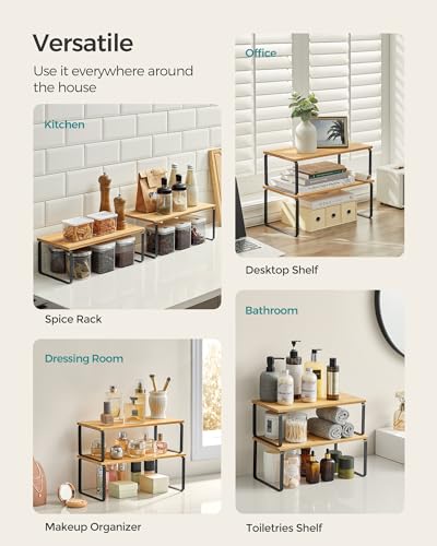 SONGMICS Cabinet Organizer Shelf, Set of 4 Kitchen Counter Shelves, Kitchen Storage, Spice Rack, Stackable, Expandable, Metal and Engineered Wood, Ink Black and Natural Beige UKCS210B01 - color: Ink Black + Natural Beige, size: 15.6"W