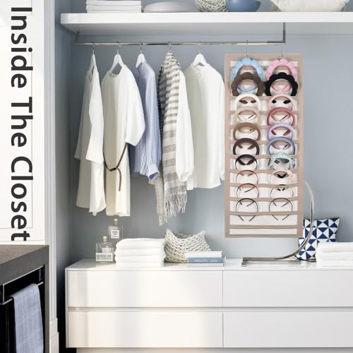 Artilife Hanging Headband Holder for Over The Door and Closet, 24 Slots Felt Head Band Organizer Shelf - color: Tan