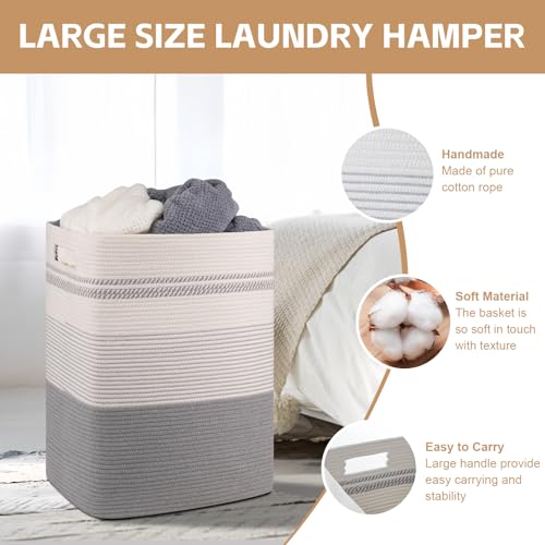 80L Large Cotton Rope Laundry Basket for Bedroom & Laundry Room, Tall Clothes Hamper with Sturdy Handles, Neutral Storage Bin Capable of Holding Blankets and Toys - color: Grey & White, size: 80L