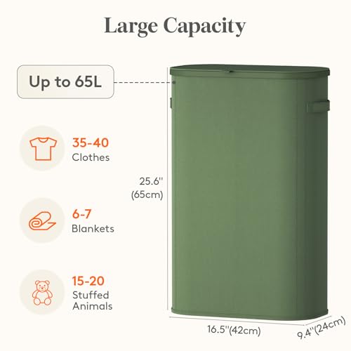 Lifewit Slim Laundry Basket with Lid, Narrow Large Laundry Hamper with Plastic Handles and Removable Bag, Tall Foldable Dirty Clothes Hampers for Laundry Room, Bedroom, Bathroom, Dorm, 65L Green - color: Green, size: 65L