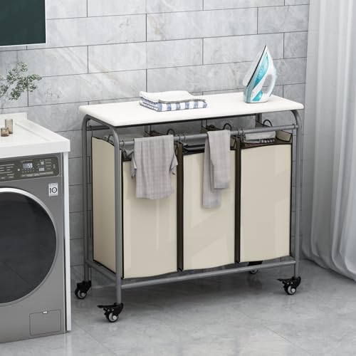 LINZINAR 3 Bag Laundry Basket Sorter Heavy Duty Rolling Lockable Wheels Laundry Hamper Cart with Ironing Board and Removable Bags, Beige - size: 3 Bags Beige with Board