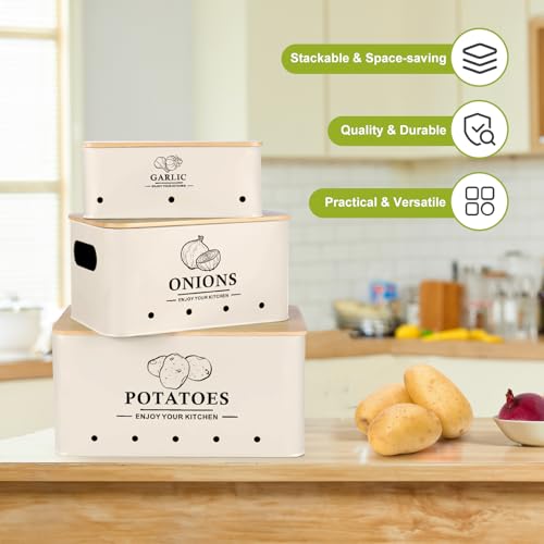 Kitchen Vegetable Storage Set of 3, Metal Onion Garlic Potato Storage Set, Kitchen Canisters Vegetable Keeper Containers with Aerating Holes and Wooden Lid (Beige) - color: Beige