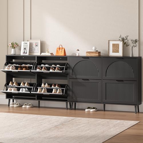 BORNOON Shoe Cabinet for Entryway with 4 Flip Drawers, Slim Wooden Shoe Storage Organizer with Modern Fluted Pannel，Freestanding Narrow Hidden Shoe Rack for Hallway, Foyer, Living Room - color: Black, size: 4 Flip Drawers
