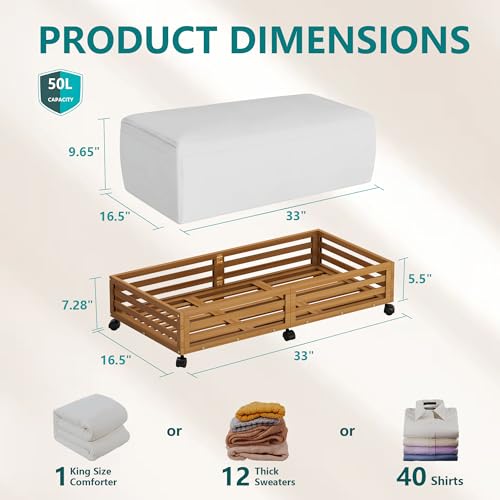 Wisuce Bamboo Under Bed Storage Containers- Underbed Organizer with Wheels with Dust Bag,Sturdy Wood Rolling Under the Bed Shoe Storage Organizer Drawers (Brwon, 2 Pack (33.07"×16.54")) - color: Brwon, size: 2 Pack (33.07"×16.54")