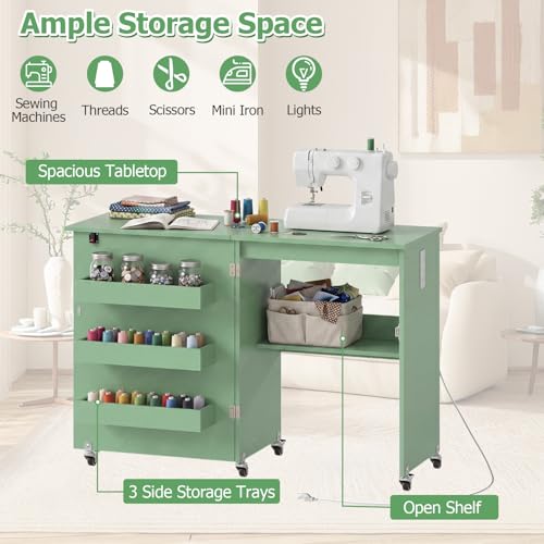 Giantex Folding Sewing Table with Charging Station, Rolling Craft Table with Storage Trays & Shelf, Foldable Sewing Machine Cabinet Desk with Lockable Wheels for Small Spaces (Sage) - color: Sage