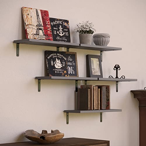 RICHER HOUSE Rustic Wood Bathroom Shelves Set of 5, Farmhouse Style Floating Shelf for Wall Décor, Hanging Shelves for Bedroom, Storage, Kitchen, Living Room - Gray - color: Grey, size: 5 Pcs:16.52in