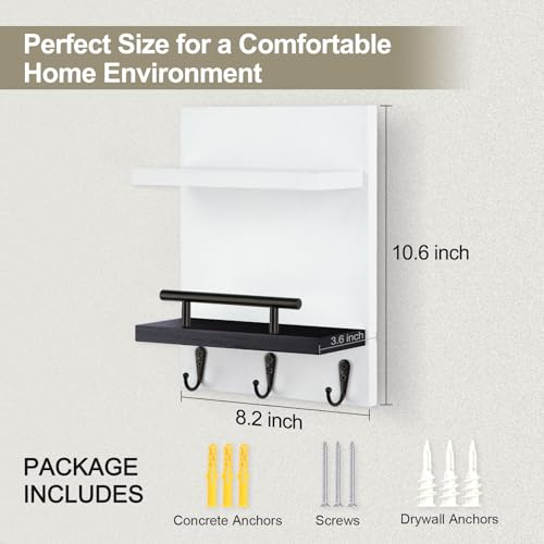 Key Holder Wall Mount, Key Holder With 2 Display Shelf, 3 Hooks for Key, Coat, Dog Leash, Key Hanger with Hook for Mail, Potted Plant, Farmhouse Mail Holder, Entry Way Organizer (White & Black) - color: White & Black