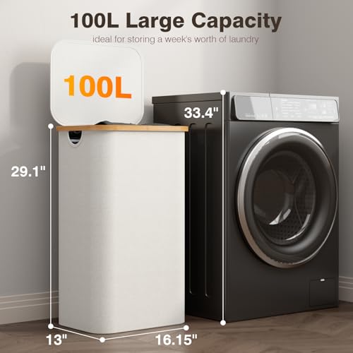 100L Laundry Hamper with Lid, Large Laundry Basket with Bamboo Handles, Clothes Hampers for Laundry with Removable Bag, Dirty Clothes Hampers for Bedroom Aesthetic, Beige - color: Beige