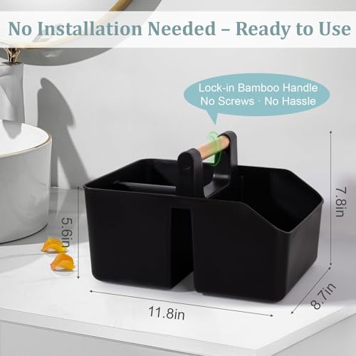 rejomiik Portable Shower Caddy Basket with Bamboo Handle, Plastic Cleaning Caddy Bathroom Organizer Tote for College Dorm Essentials, Bath Toy Storage, Black - color: Black