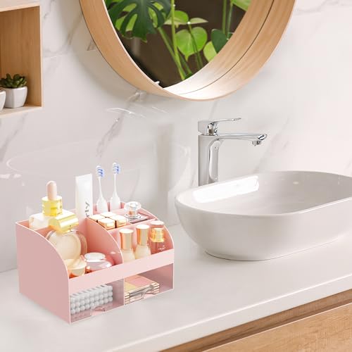 Makeup Organizer with 2 Drawers, Cosmetic Storage for Dresser Vanity and Bathroom Countertop,Make up organization and Skincare Storage with Beauty Brush Holder, Cosmetic Display Case (Pink) - color: Pink