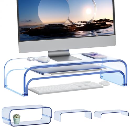 Acrylic Dual Monitor Stand Riser 2 Tier, Modular Laptop Stand for Desk, Multifunctional Desktop Organizer Shelf for PC, iMac, Printer, Detachable Monitor Stand for Office or Home, Blue - color: Blue