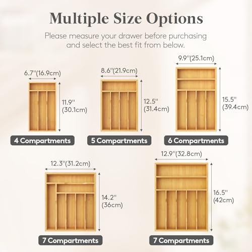 Lifewit Silverware Drawer Organizer, Utensil Tray for Kitchen, Flatware and Cutlery Holder, Storage for Spoons Forks Knives, 6.7 x 12", Natural - size: 6.7"W x 12"D