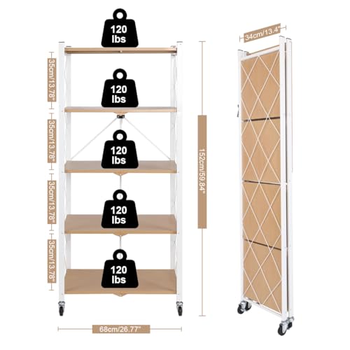Hershii 5 Tier Foldable Storage Shelves with Wheels - Metal Collapsible Shelving Unit Display, Heavy Duty No Assembly Organizer Shelf for Garage, Kitchen, Basement, Pantry - color: Light Brown, size: 5-Tier (59.8 X 26.7 X 13.38 IN)