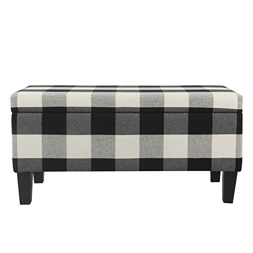 HomePop Large Upholstered Rectangular Storage Ottoman Bench with Hinged Lid, Black Buffalo Plaid - color: Black Plaid