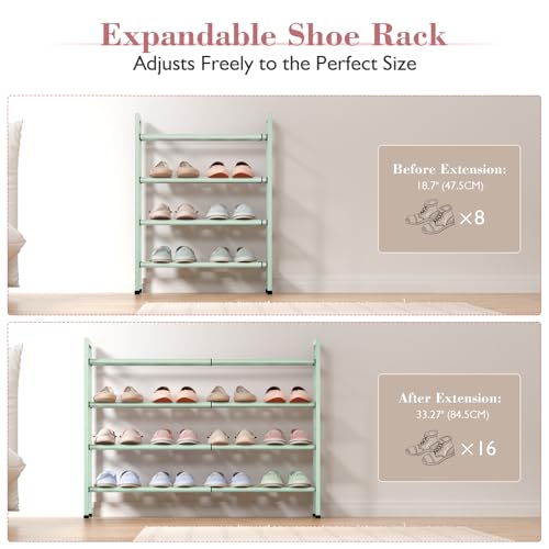 Bumusty 4-Tier Expandable Shoe Rack for Closet, 18“-33” Adjustable Shoe Rack for Small Space, Small Shoe Organizer for Front Door, Sturdy Metal, Green - color: Green, size: 4-Tier