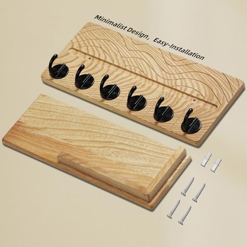 Key Holder Wall Decor-11.8" Solid Ash Wood Entryway Organizer with 6 Hooks & Extra Deep Storage Rack for Key, Mail, Wallet, Leash, Glasses, Hand-Polished & Stained, Easy-Assembly - color: Natural