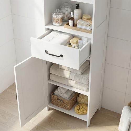 Casaphoria Tall Bathroom Storage Cabinet, 65" H Narrow Floor Cabinet with 2 Barn Doors and 1 Drawer, Freestanding Linen Tower with Adjustable Shelves, Anti-Tipping, White - size: 15.74"L×11.8"W×64.96"H