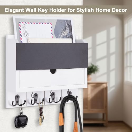 Mail and Key Holder Wall Mount with Storage Drawer – Modern Wooden Mail Organizer for Wall Entryway, 7 Key Hooks & Chalkboard Panel – Stylish Home Decor for Apartments, Living Room, Office - color: White