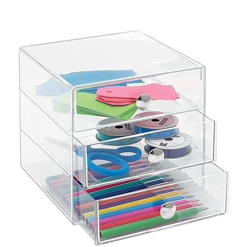 AJIODA Makeup Drawer Organizer Box with 3 Drawers, Acrylic Cosmetic Display Case Vanity Organizer Jewelry Storage Box Stackable Storage for Cosmetics, Skin Care, Bathroom, Countertop, Silver Handle - color: Silver Handle