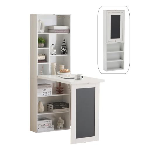 Folding Desk with Storage,Foldable Convertible Writing table with Blackboard and Shelves,Wall Mount Fold Out Table Cabinet , Space-Saving Murphy Desk Multi-Function Home Office Workstation (White) - color: White