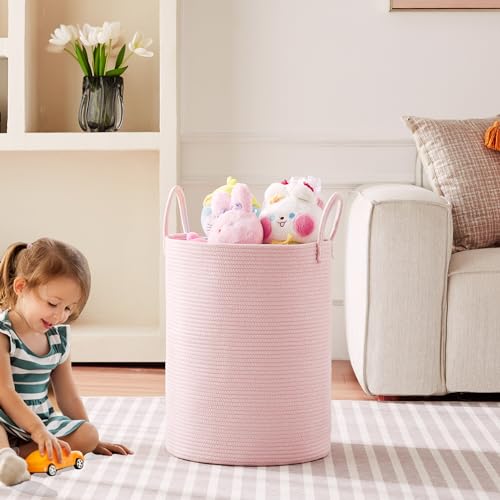 Large Pink Laundry Basket 15x20 Inches, 60L Woven Rope Hamper for Baby Girls and Kids, Tall Nursery Storage Bin, Kawaii Bedroom Laundry Hamper - color: Pink1, size: Large (60L)