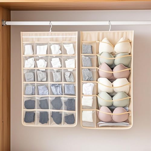 Hanging Fabric Storage Organizer with Multiple Pockets – Space-Saving Closet Storage Solution, Beige 12+24 grid