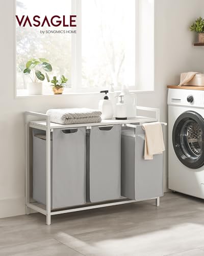 VASAGLE Laundry Hamper, Laundry Basket, Laundry Sorter with 3 Pull-Out and Removable Bags, Shelf, Metal Frame, 3 x 10.6 Gallons (40 L), 36.4 x 13 x 28.4 Inches, Dove Gray and Cloud White UBLH301W03 - color: Dove Gray + Cloud White, size: 3 Bags - 120 L