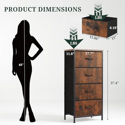 Nightstand, 4 Drawer Dresser End Table Bedside Furniture with Wooden Top Steel Frame Fabric Bins for Bedroom, Closet, Entryway, Dorm, Living Room, Brown - color: Brown, size: 11.8"D x 17.7"W x 37.4"H (4 Drawers)