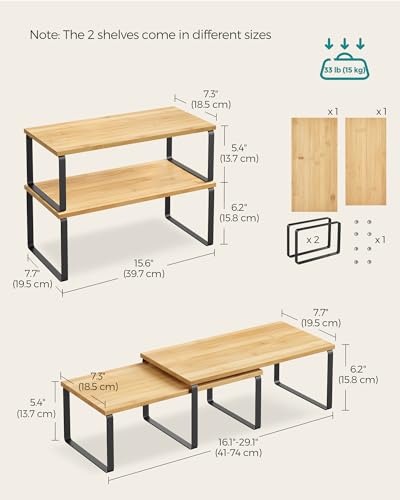 SONGMICS Cabinet Organizer Shelf, Set of 4 Kitchen Counter Shelves, Kitchen Storage, Spice Rack, Stackable, Expandable, Metal and Engineered Wood, Ink Black and Natural Beige UKCS210B01 - color: Ink Black + Natural Beige, size: 15.6"W