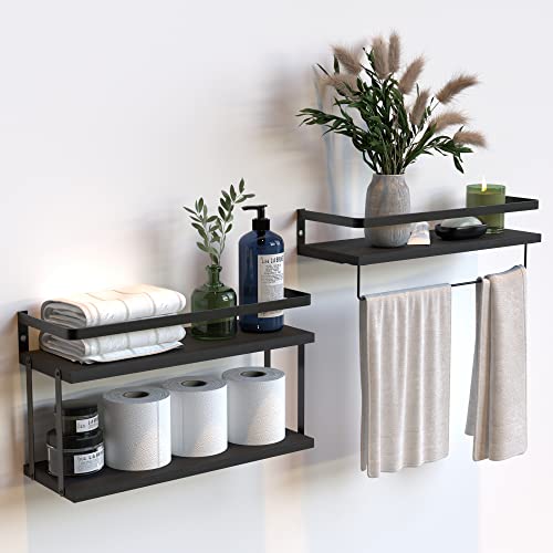 RICHER HOUSE 2+1 Tier Wall Mounted Floating Shelves Set of 2, Rustic Wood Wall Shelf with Metal Frame, Extra Storage Rack for Bathroom, Kitchen, Bedroom with Tissue Rack & Towel Bar - Black - color: Black, size: 2+1 Tier Size