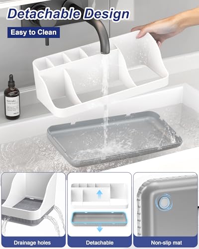 Bathroom Counter Organizer and Storage, 7 Slots Detachable Toothbrush Holders for Bathrooms, Anti-Slip Electric Toothbrush and Toothpaste Holder Countertop Vanity Organizer Accessories for Adults Kids - color: Whitegrey + Black