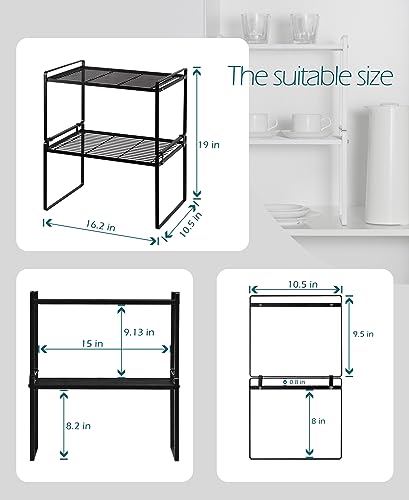 Shantton 2Pack Kitchen Cabinet Shelf Counter Organizer Rack Pantry Storage Bathroom Bedroom Office Table Desk Space Saving Stackable Rust Resistant Non Slip Black Tall Wide L16.1in W10.6in H9.5in - color: Black, size: L16.1'' W10.6'' H9.5''