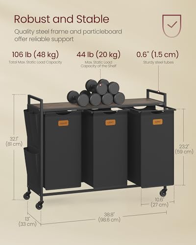 VASAGLE Laundry Hamper, Laundry Sorter Rolling Cart with Shelves, Small Side Pockets, 6 Labels, 3 Compartments, 39.6 Gal. (150 L), Ink Black and Ash Brown UBLH223BH01 - color: Ink Black + Ash Brown, size: 3 Bags