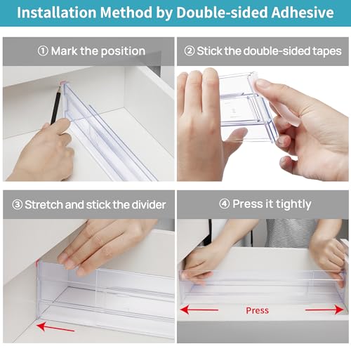 Vtopmart Drawer Dividers Organizers 8 Pack, Adjustable 3.2" High Expandable from 12.2-21.4" Kitchen Drawer Organizer, Clear Plastic Drawers Separators for Clothing, Installed by Double-sided Tape