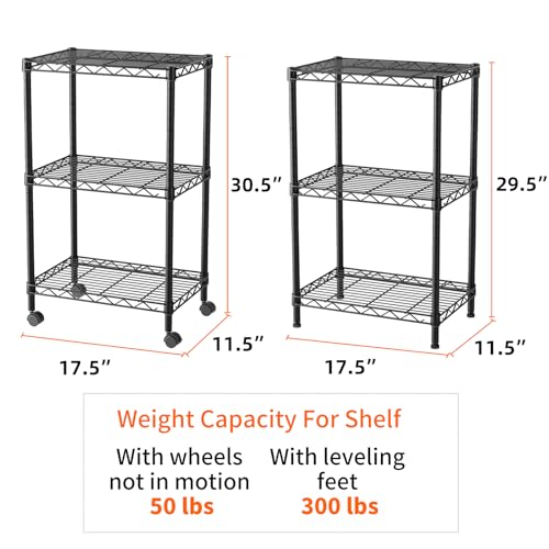 SINGAYE 3 Small Shelves Storage Shelf Wire Shelving Unit Metal Shelf Adjustable Organizers Storage Shelving with Wheels for Bathroom Laundry Room Kitchen Pantry11.5”D x 17.5”W x 30.5”H Black - color: Black, size: 3Tier/11.5"D X 17.5"W X 30.5"H