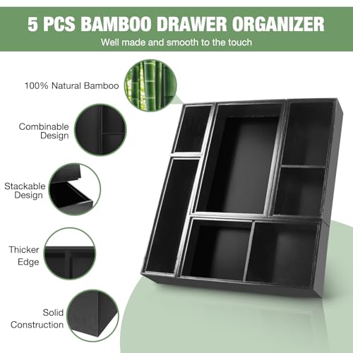 Bamboo Drawer Organizer,5 PCS Black Silverware Tray&Desk Organizers and Storage,Cabinet Divider With Removable Bathroom Organization for Kitchen,Utensils,Junk,Office,Makeup - color: Black, size: 5PCS