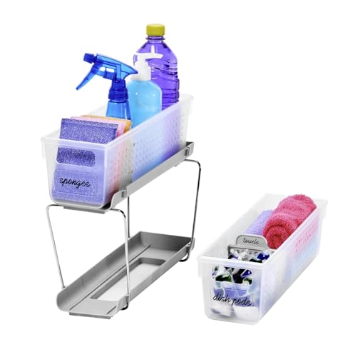 Madesmart 2-Tier Plastic Mini Multipurpose Organizer with Divided Slide-Out Storage Bins, Compact Under Sink and Cabinet Organizer Rack, Frost