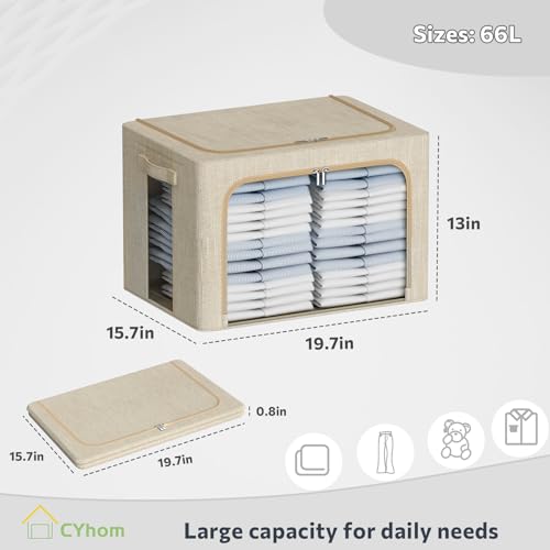 CYhom Clothes Storage Bins Box - Linen Fabric Foldable Stackable Container Organizer Set with Clear Window & Carry Handles & Metal Frame - 2Pack Large Capacity for Bedding, Blankets, Books - color: Beige, size: Large-66L