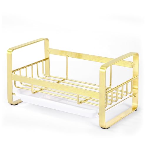 HULISEN Kitchen Sink Sponge Holder, 304 Stainless Steel Kitchen Soap Dispenser Organizer, Countertop Drainer with Removable Tray, not Including Dispenser and Brush, Gold - color: Gold, size: Medium