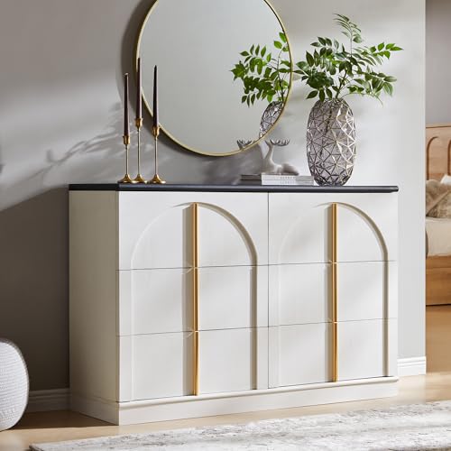 ACCOHOHO Arched Dresser for Bedroom with 6 Drawers, 47.3" Wide Modern Chest of Drawers with Rounded Edge & Metal Handles, Wood Storage Closet Dressers TV Stand for Living Room, Hallway, White - color: White, size: 15.6"D x 47.3"W x 32"H (6 Drawers)