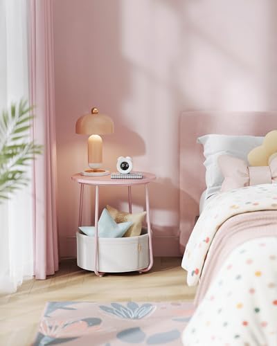 VASAGLE LILEA Collection - Small Round Side End Table, Modern Nightstand with Fabric Basket, for Living Room, Bedroom, Set of 2, Jelly Pink and Cream White ULET225SA01S - color: Jelly Pink + Cream White, size: Round + 2 pack