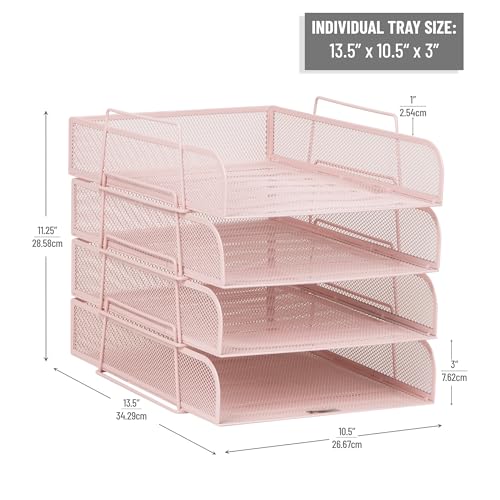 Mind Reader Stackable Paper Tray, Desktop Organizer, File Storage, Office, Metal Mesh, 10.5" L x 13.5" W x 11.25" H, 4 Pcs., Pink - color: Pink
