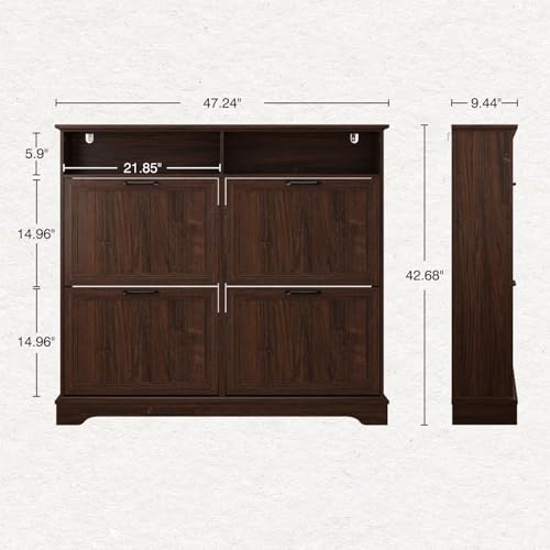 Shoe Storage Cabinet with 4 Flip Drawers, Farmhouse Modern Hidden Shoes Rack Cabinet with Adjustable Shelves & Open Storage, Narrow Slim Shoe Organizer for Front Door Entrance, Entryway, Walnut - color: Brown, size: 4-Drawers