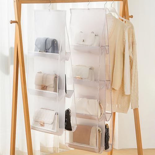 MURRI&MURRDI Hanging Handbag Organizer for Closet, Purse Storage Hanger with 8 Easy Access Clear Pockets, Womens Tote Bag Pocketbook Holder for Door Wall Wardrobe, Space Saving Organization, White - color: B-White